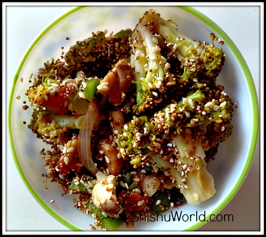 Stir-fried Broccoli and Mushroom salad with Sesame seeds and Amaranth